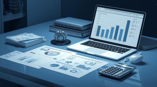 Desk with laptop, financial reports and a calculator
